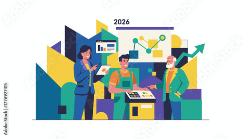 Business planning meeting for 2026 Diverse team analyzes growth data and digital strategy