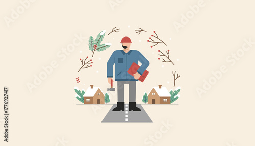 Contractor holding tools and shingles on a road near snowy homes Winter construction illustration