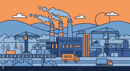 Stylized illustration of industry factory production logistics and cranes against an orange sky