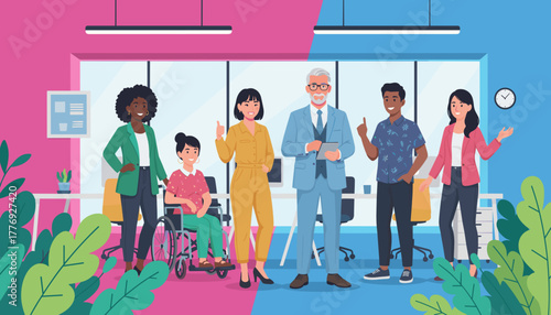 Diverse professional team standing together in modern office illustrating inclusion