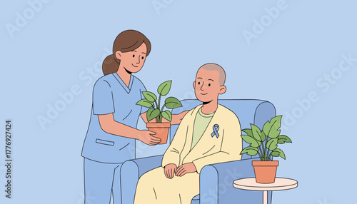 Nurse providing hopeful support to a bald patient with an awareness ribbon during cancer recovery
