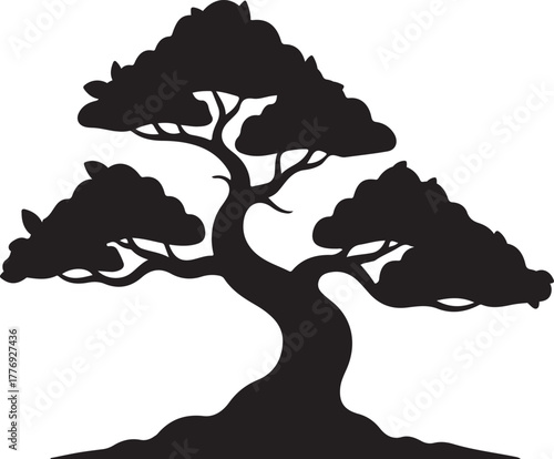 Silhouette of a stylized bonsai tree with spreading branches and dense foliage plant nature
