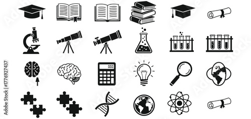 Collection of science and education icons isolated on white background