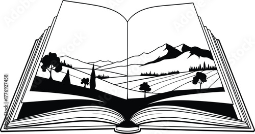 Silhouette of an open book revealing a landscape scene with mountains and trees Keywords: book, open