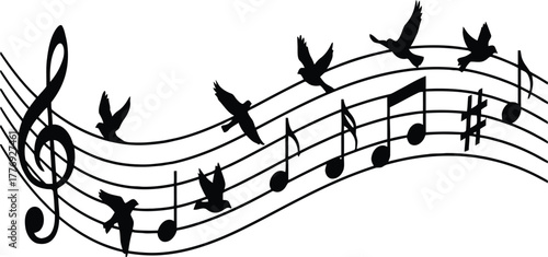 Silhouette of birds flying around musical notes on a staff Keywords: music, notes, staff, treble clef