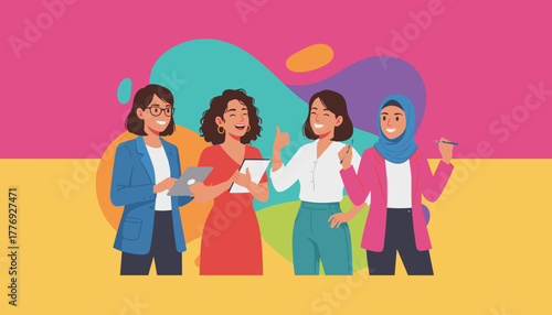 Diverse women professionals smiling collaborating and achieving success Teamwork illustration