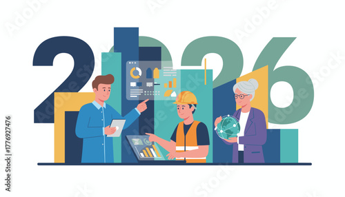 Multigenerational team plans 2026 goals construction tech and global business strategy