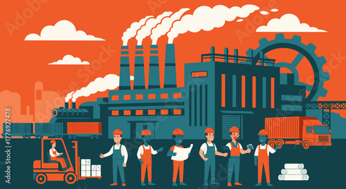 Factory workers managing logistics and production at a large industrial facility