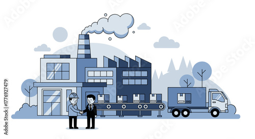 Manufacturing partnership Businessmen shake hands near factory conveyor belt and logistics truck