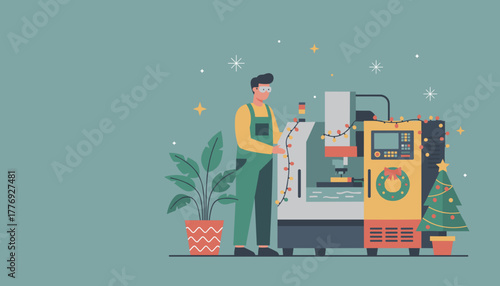 Industrial worker operating festive CNC machine celebrating Christmas on the factory floor