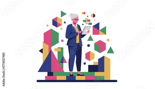 Senior professional uses a tablet device amidst abstract data visualizations