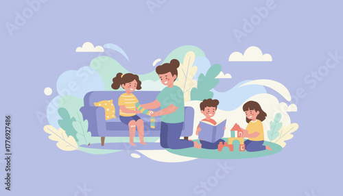 Loving family care Parent bandages childs arm while siblings play and read Flat illustration
