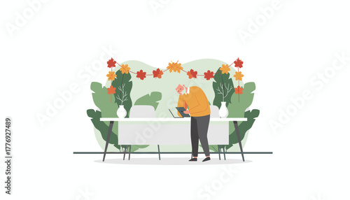 Senior man uses tablet and laptop at a cozy leafdecorated desk illustrating remote work or learning