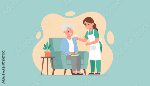 Caregiver helps senior woman stay hydrated at home Health and elder assistance concept