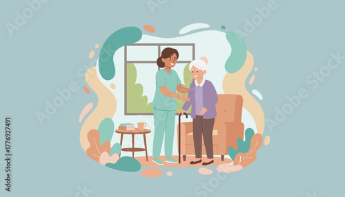 Nurse assists happy senior woman with walking stick in a cozy home care environment