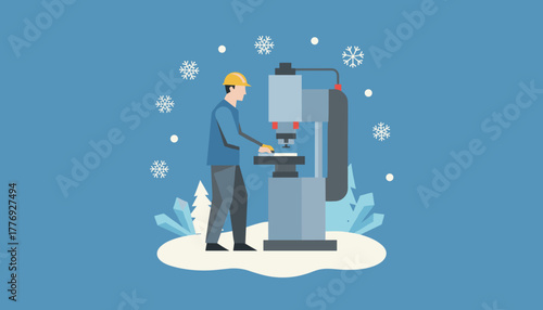Worker operating heavy machinery in a cold blue winter industrial setting