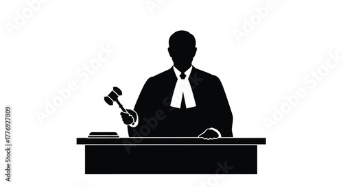 A silhouette of a judge with gavel at a courtroom desk