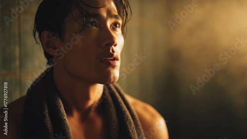 男性が湯気の中で落ち着いて呼吸を整える時間