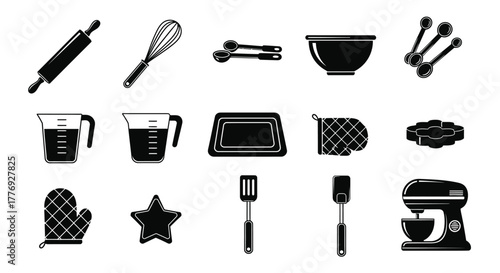 Essential baking tools and utensils arranged in a simple black and white design