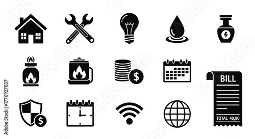 Home maintenance energy efficiency and utility costs illustrated by simple icons
