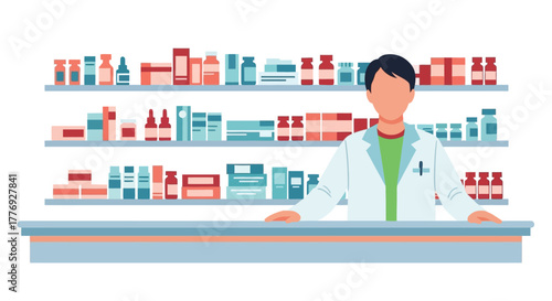 Pharmacist standing behind a counter with shelves full of medications