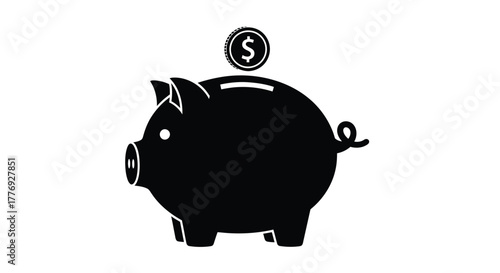 Black silhouette of a piggy bank receiving a single dollar coin