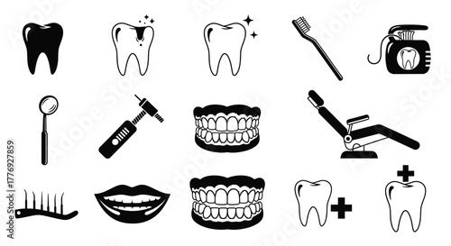 Dental health icons depicting teeth tools and oral care concepts