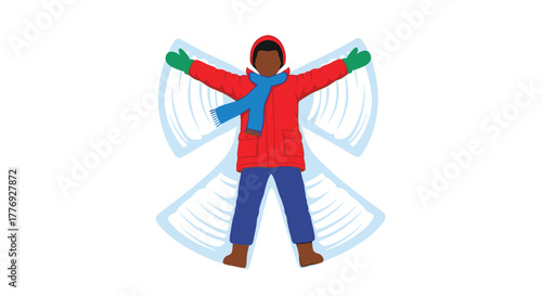 A child dressed in winter clothes pretends to be an angel