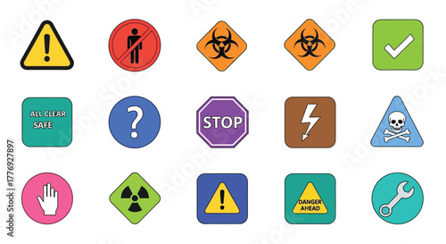 Collection of various warning prohibition and mandatory safety signs
