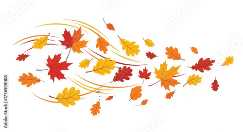 A swirl of colorful autumn leaves gently floating in the breeze