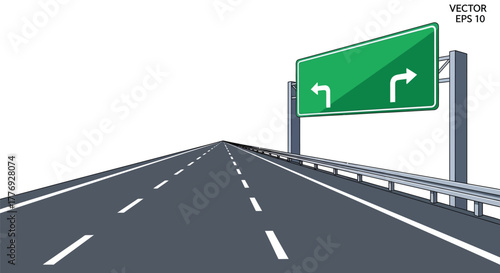 Green highway sign with directional arrows over an empty roadway
