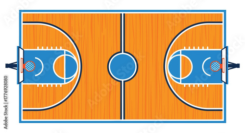 Overhead view of a basketball court with orange wood and blue markings