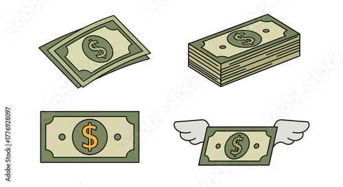 Cartoon illustration depicting stacks of money and a flying dollar bill
