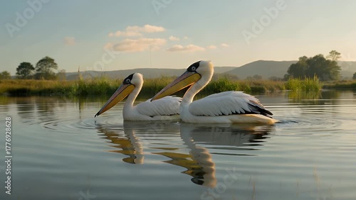 large waterbirds with long bills and expansive throat pouches gliding together calmly on the surface of a body of water during the early hours of the