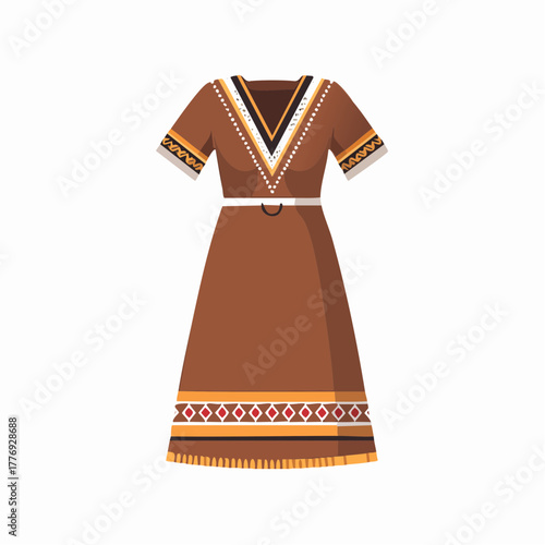 Brown and White Traditional Dress with Decorative Details.