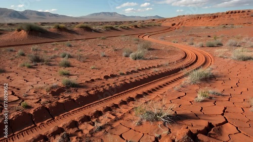 expansive arid region characterized by crimson colored soil and parallel vehicle impressions under a clear