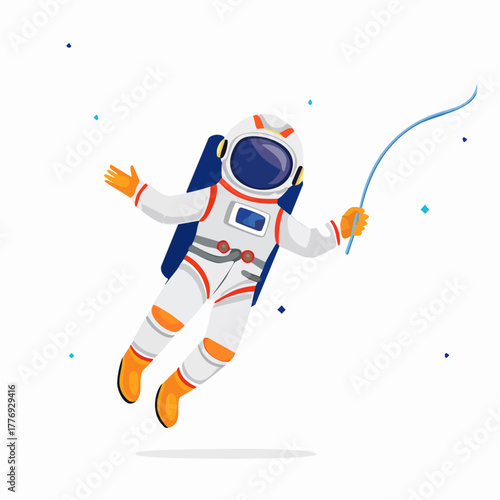 Cartoon Astronaut Floating in Space with Tether and Helmet.
