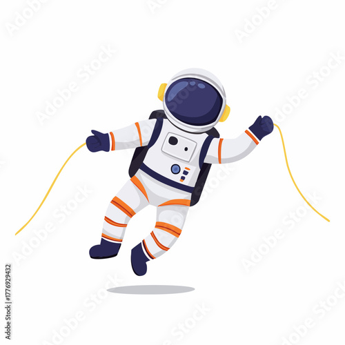 Cartoon Astronaut Floating in Space with Tether Lines.