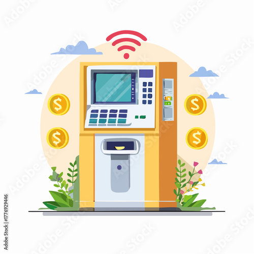Cartoon ATM Machine with Wireless Signal and Dollar Coins Illustration.