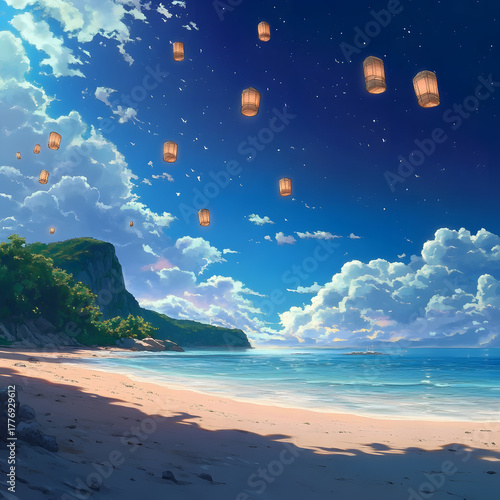 Peaceful beach scene with palm trees and a sailboat.