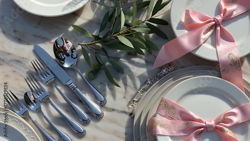 elegantly arranged warm-weather dining tableau showcasing polished metallic utensils  an olive tree branch  a ceramic dish  and a smooth fabric bow on a veined stone surface under natural