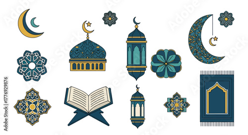 Set of isolated Ramadan Kareem vector design elements.