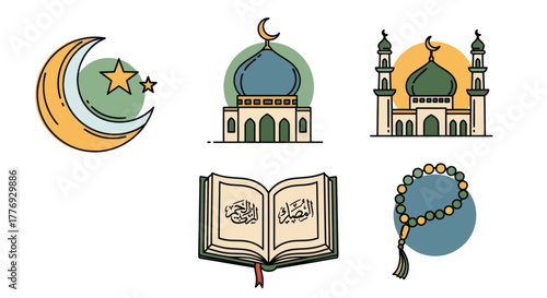 Islamic Symbols - Crescent Moon, Mosque, Quran, and Prayer Beads.