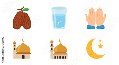 Islamic symbols for Ramadan and Eid celebrations including dates water mosque and crescent moon.