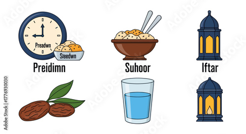 Ramadan fasting time and food illustrations for religious celebration.