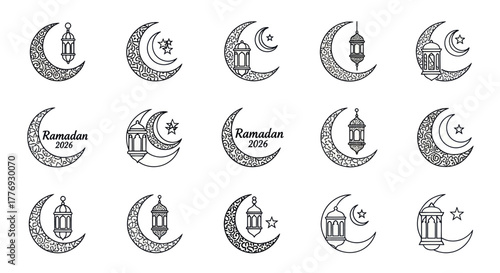 Ramadan Kareem Moon and Lantern Sketch Collection.