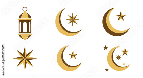 Ramadan Kareem Lantern and Crescent Moon with Stars Vector Set.