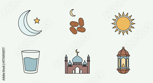 Ramadan symbols illustration with moon star dates mosque glass sun lantern.