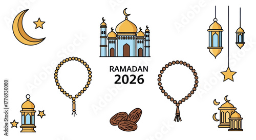 Set of colorful isolated icons for Ramadan 2026 celebration.