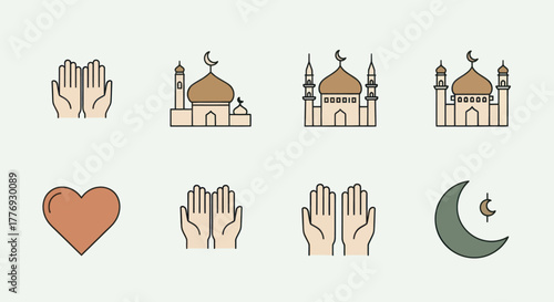 Colorful Islamic religious icon set with mosque and praying hands.